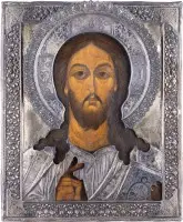 Groot icoon van Christus Pantocrator met zeer fijn en massief verguld zilveren oklad