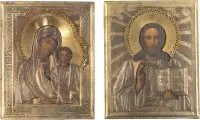 Twee iconen met oklad: Moeder Gods van Kazan (Kazanskaja) en Christus Pantocrator