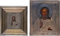 Twee iconen met zilveren oklad: Christus Pantocrator