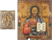 Twee iconen: grootformaat icoon met Christus Pantocrator en de Moeder Gods van Tichvin met oklad in een kiot