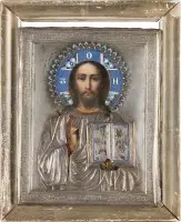 Icoon van Christus Pantocrator met champlevé-emaille oklad