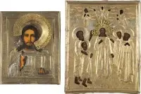 Twee kleine iconen met oklad: Christus Pantocrator en Moeder Gods Pokrov