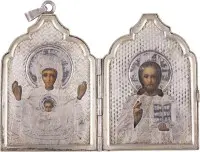 Miniatuur-diptiek met de Moeder Gods van het Teken (Znamenie) en Christus Pantocrator met zilveren oklad