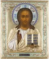 Icoon van Christus Pantocrator met cloisonné-emaille oklad