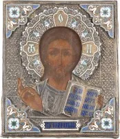 Zeldzame icoon van Christus Pantocrator met cloisonné-emaille oklad