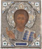 Zeldzame icoon van Christus Pantocrator met cloisonné-emaille oklad