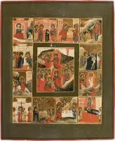 Icoon van de Verrijzenis en Nederdaling van Christus in de hel met twaalf hoogfeesten