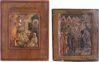 Twee kleine iconen van de Geboorte van de Moeder Gods en de Opdracht in de Tempel