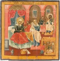 Groot icoon van de Geboorte van de Moeder Gods uit een kerkiconostase