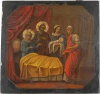 Grootformaat icoon van de Geboorte van de Moeder Gods uit een kerkiconostase