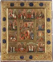 Icoon van de Nederdaling in de hel en de Verrijzenis van Christus met twaalf grote feesten van het orthodoxe kerkjaar