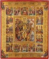 Velkoformátová ikona Sestoupení do pekel a Zmrtvýchvstání s 16 velkými svátky pravoslavného církevního roku a čtyřmi evangelisty