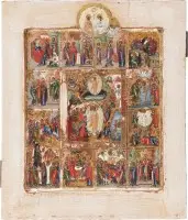 Gesigneerd icoon van de Nederdaling ter helle en de Verrijzenis van Christus met twaalf hoogfeesten en de Nieuwtestamentische Drie-eenheid