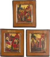 Trois fragments d'icônes avec la Nativité de la Mère de Dieu, la Présentation au Temple et l'Annonciation