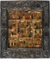 Icône de la Descente aux enfers et de la Résurrection du Christ avec douze grandes fêtes de l'année liturgique orthodoxe avec basma en vermeil