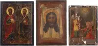 Trois icônes : Annonciation de la Mère de Dieu, saints Côme et Damien et Mandylion