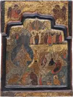 Rare partie centrale d'un triptyque avec la Nativité du Christ, la Transfiguration et l'Ascension
