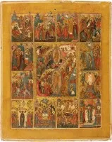 Signed and dated icon with the descent into hell and resurrection with twelve major feasts of the Orthodox church year