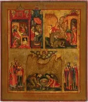 FEINE GROSSFORMATIGE MEHRFELDER-IKONE MIT DER GEBURT UND DER ENTHAUPTUNG JOHANNES DES VORLÄUFERS SOWIE DER WUNDERSAMEN AUFFINDUNG SEINES HAUPTES
