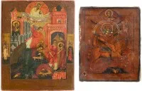Twee kleine iconen: aartsengel Michaël Archistrategos als apocalyptische ruiter en de Onthoofding van Johannes de Voorloper