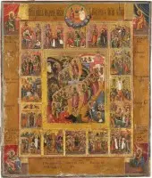 Icoon van de verrijzenis en de nederdaling van Christus ter helle met zestien hoogfeesten en de vier evangelisten