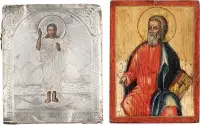Twee kleine iconen: Johannes de Voorloper met zilveren oklad en Evangelist