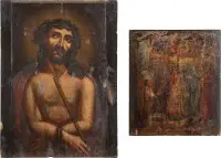 Twee iconen: groot gedateerd en gesigneerd icoon met Ecce Homo en Moeder Gods Pokrov