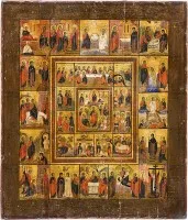 Large expanded feast day icon with the Resurrection and Descent into Hell, the Passion cycle and 16 major feasts