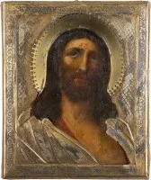 IKONE MIT DEM DORNENGEKRÖNTEN CHRISTUS ('ECCE HOMO') MIT VERMEIL-RIZA
