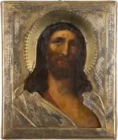 Icoon van de met doornen gekroonde Christus ('Ecce Homo') met verguld zilveren riza