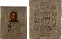 Twee iconen met oklad: Christus Pantocrator en feesticoon