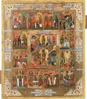 Icoon van de nederdaling ter helle en de opstanding met twaalf grote feesten van het orthodoxe kerkjaar