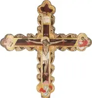 Monumentaal iconostasekruis met de Kruisiging van Christus en het Tetramorf