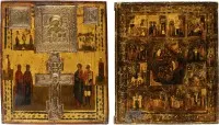 Twee iconen: staurotheek-icoon met Kruisiging en geselecteerde heiligen en feesticoon