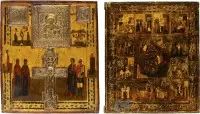 Twee iconen: staurotheek-icoon met Kruisiging en geselecteerde heiligen en feesticoon