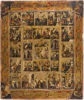 Large extended icon with the Descent into Hell and Resurrection, Passion cycle and 16 Great Feasts