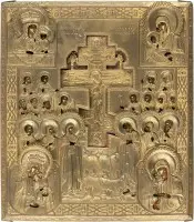 Stauroteek met vier wonderbaarlijke iconen van de Moeder Gods en geselecteerde heiligen met oklad