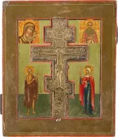 Stauroteek met de Kruisiging van Christus, de Moeder Gods van Kazan en geselecteerde heiligen