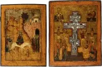 Twee grote iconen: Intocht in Jeruzalem en staurotheek met de Kruisiging van Christus