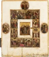 Zeer fijn grootformaat icoon van de nederdaling van Christus in de hel, twaalf hoogfeesten van het orthodoxe kerkjaar, de kruisiging, de opwekking van Lazarus en de doop van Christus