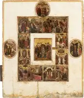 Zeer fijn grootformaat icoon van de nederdaling van Christus in de hel, twaalf hoogfeesten van het orthodoxe kerkjaar, de kruisiging, de opwekking van Lazarus en de doop van Christus