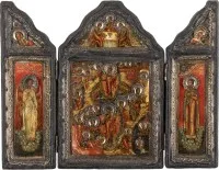 FEINES TRIPTYCHON MIT DER HÖLLENFAHRT UND AUFERSTEHUNG CHRISTI FLANKIERT VON DEM SCHUTZENGEL UND DEM HELIGEN PANTELEIMON