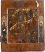 Fijne icoon van de Nederdaling ter helle en de Verrijzenis van Christus