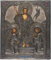 SEHR FEINE IKONE MIT DER AUFERSTEHUNG CHRISTI MIT FILIGRANEM CHAMPLEVÉ-EMAIL-OKLAD