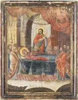 Groot dubbelzijdig icoon van de Verrijzenis van Christus en het Ontslapen van de Moeder Gods