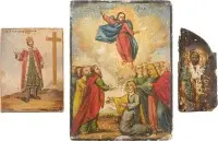 Drie kleine iconen: Sint-Nicolaas van Myra, Sint-Alexander Nevski en de Hemelvaart van Christus