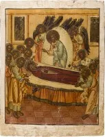 Grootformaat icoon van de Ontslaping van de Moeder Gods uit een kerkelijke iconostase