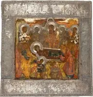 Icône fine de la Dormition de la Mère de Dieu avec basma en argent