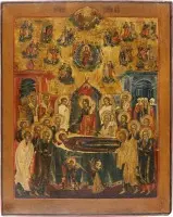 Icône de grand format et fine de la Dormition de la Mère de Dieu (Koimesis) avec l'arrivée des apôtres
