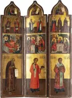 Trois panneaux d'une iconostase de voyage monumentale avec la Nativité de la Mère de Dieu, la Présentation au Temple et la Trinité de l'Ancien Testament avec saints